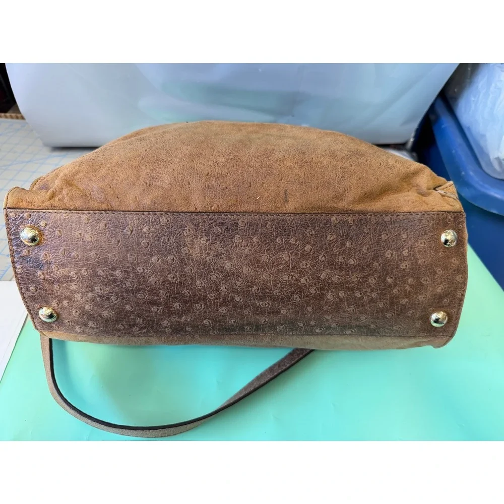 Michael Kors Hamilton Ostrich Embossed Leather Satchel Brown Gold Link Strap